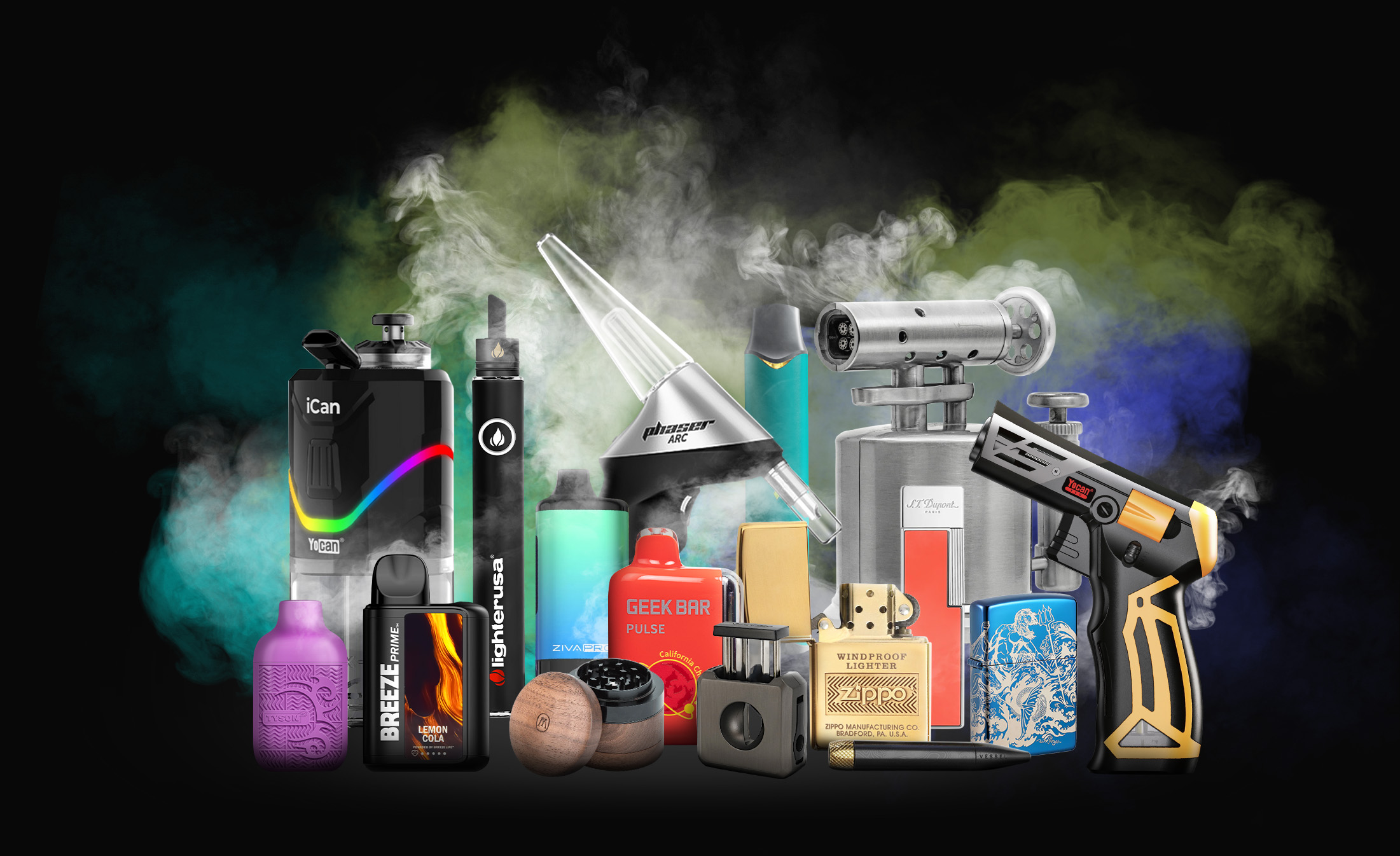 A collection of products sold by LighterUSA, including vapes, lighters, accessories, etc.