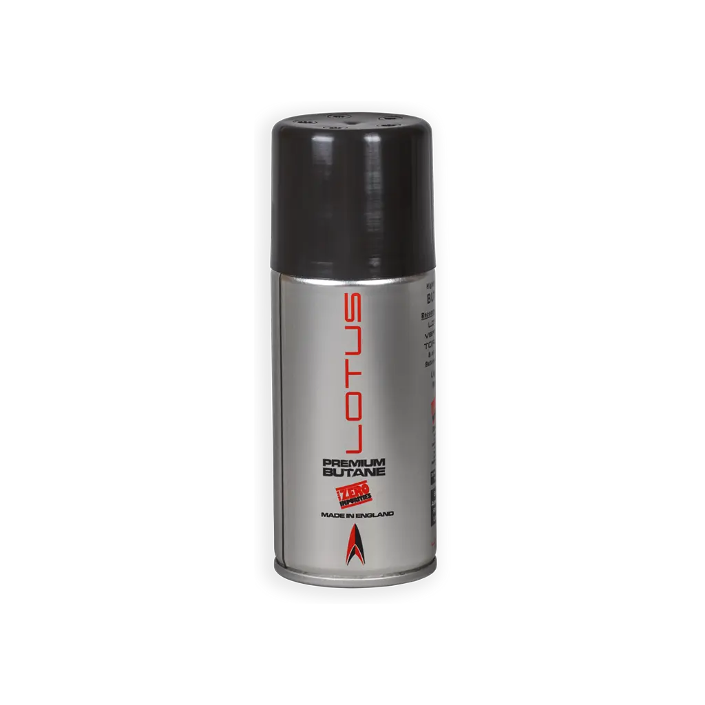 A 150ml can of Lotus Premium Butane Gas on a plain white background