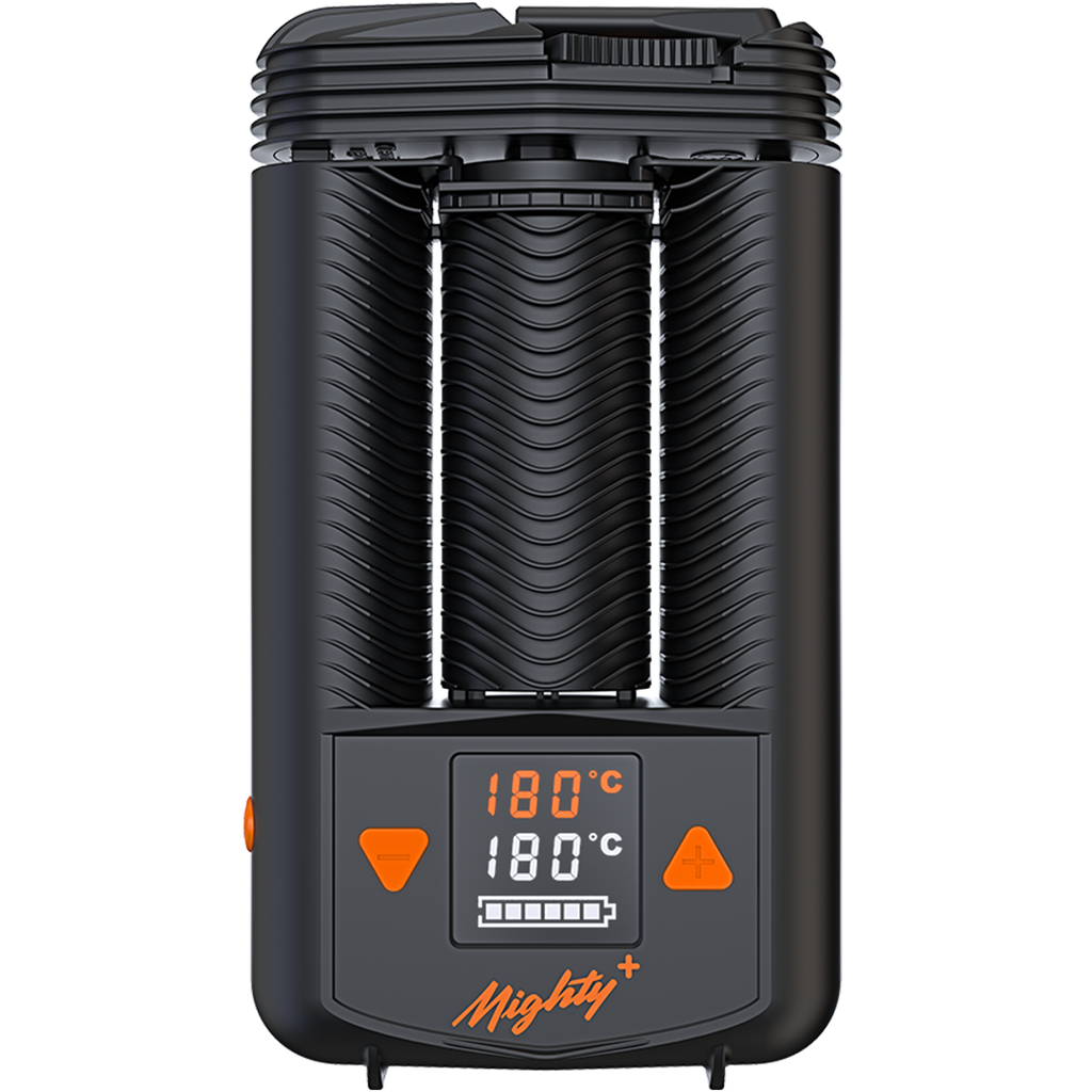 The Storz and Bickel Mighty Plus portable dry herb vaporizer on a plain white background