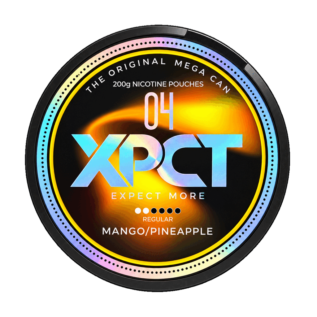 An XPCT Mega Can of Pineapple and Mango nicotine pouches in 6.5mg strength
