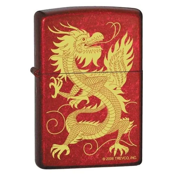 A Zippo lighter in candy apple red with an Oriental Dragon design